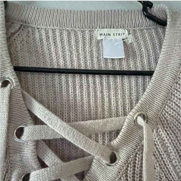 Main Strip Beige Lace Up V Neck Sweater - Picture 2 of 2
